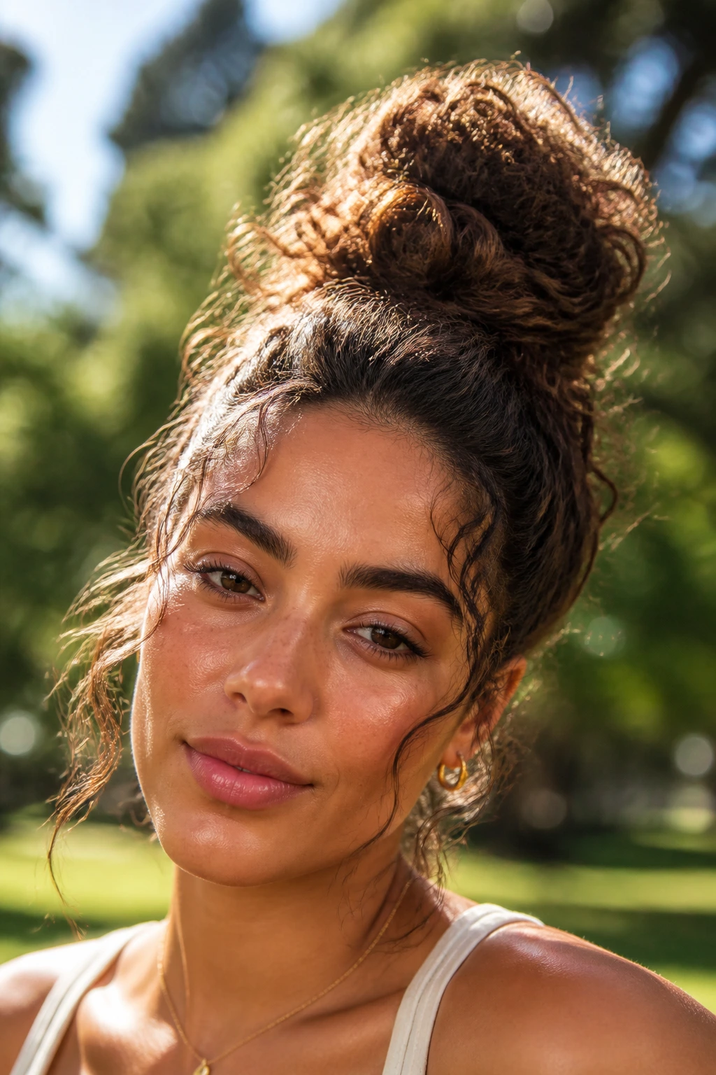 Close-up of a real woman with a messy textured top knot hairstyle.