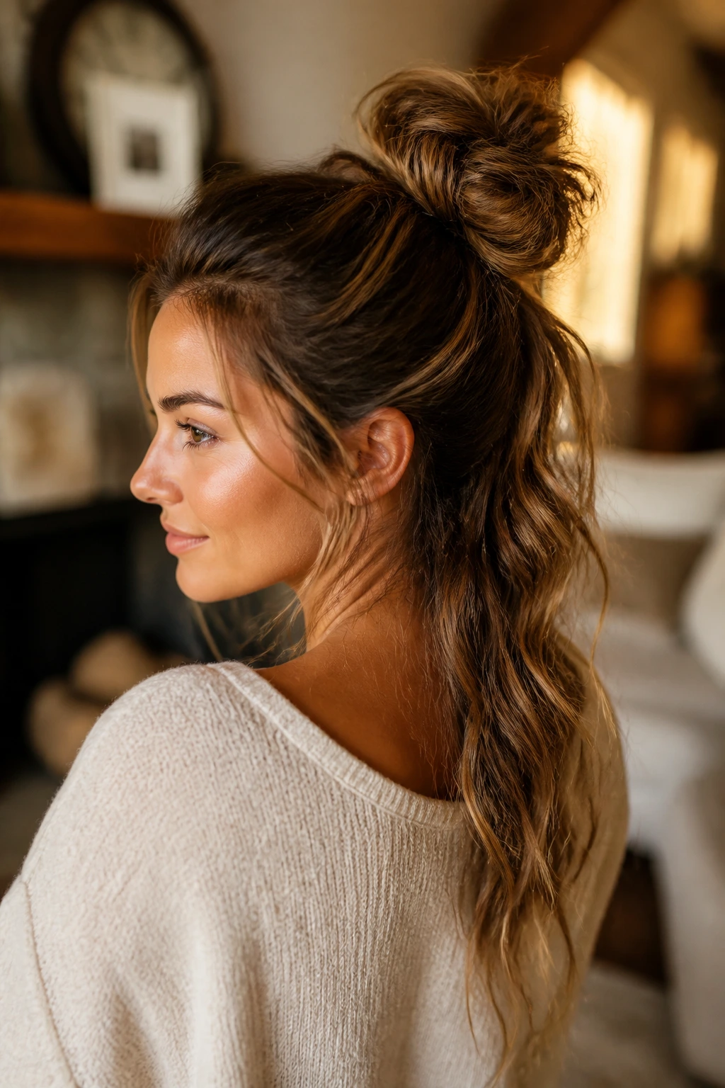 Portrait of a woman with a messy top knot and a wavy tail