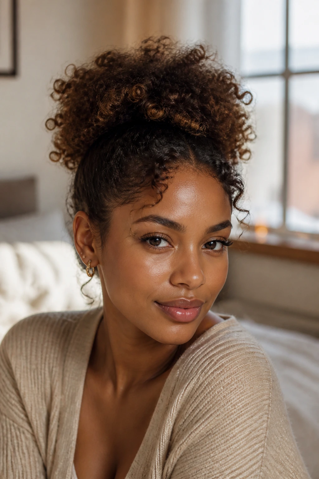 Close-up portrait of a real person with a messy top puff on short hair under warm window light