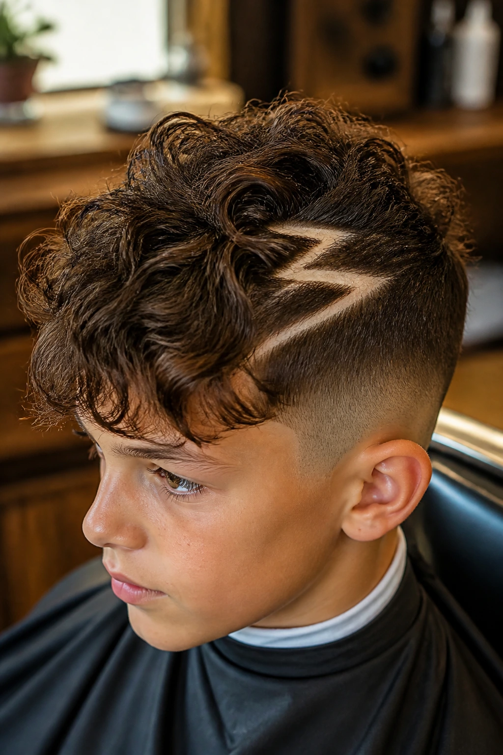 Close-up of a boy's head showing a messy wavy top with a split bolt on the crown.