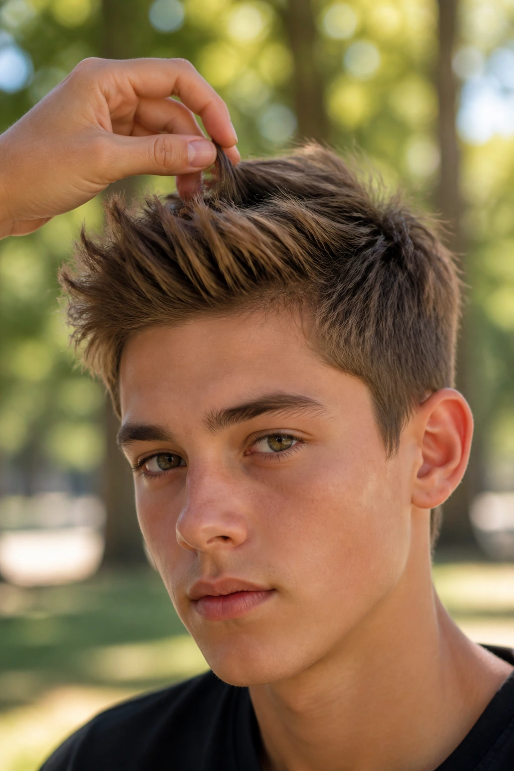 Close-up portrait of a boy with a messy brush-up hairstyle in natural outdoor light