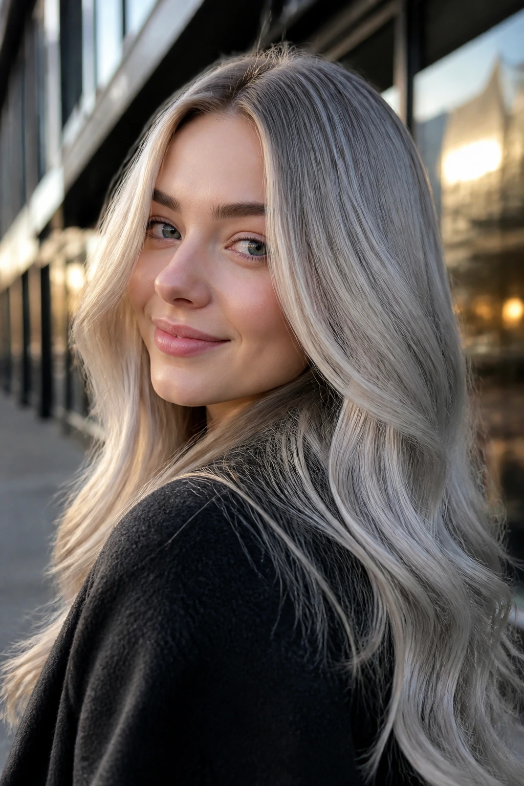 Close-up portrait of a woman with metallic ash blonde hair and glossy shine