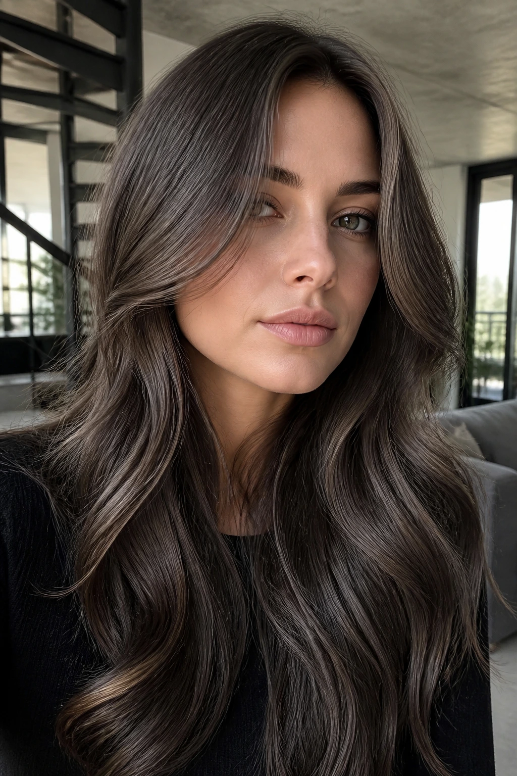 Close-up portrait of metallic brunette hair with glossy shine on a real person