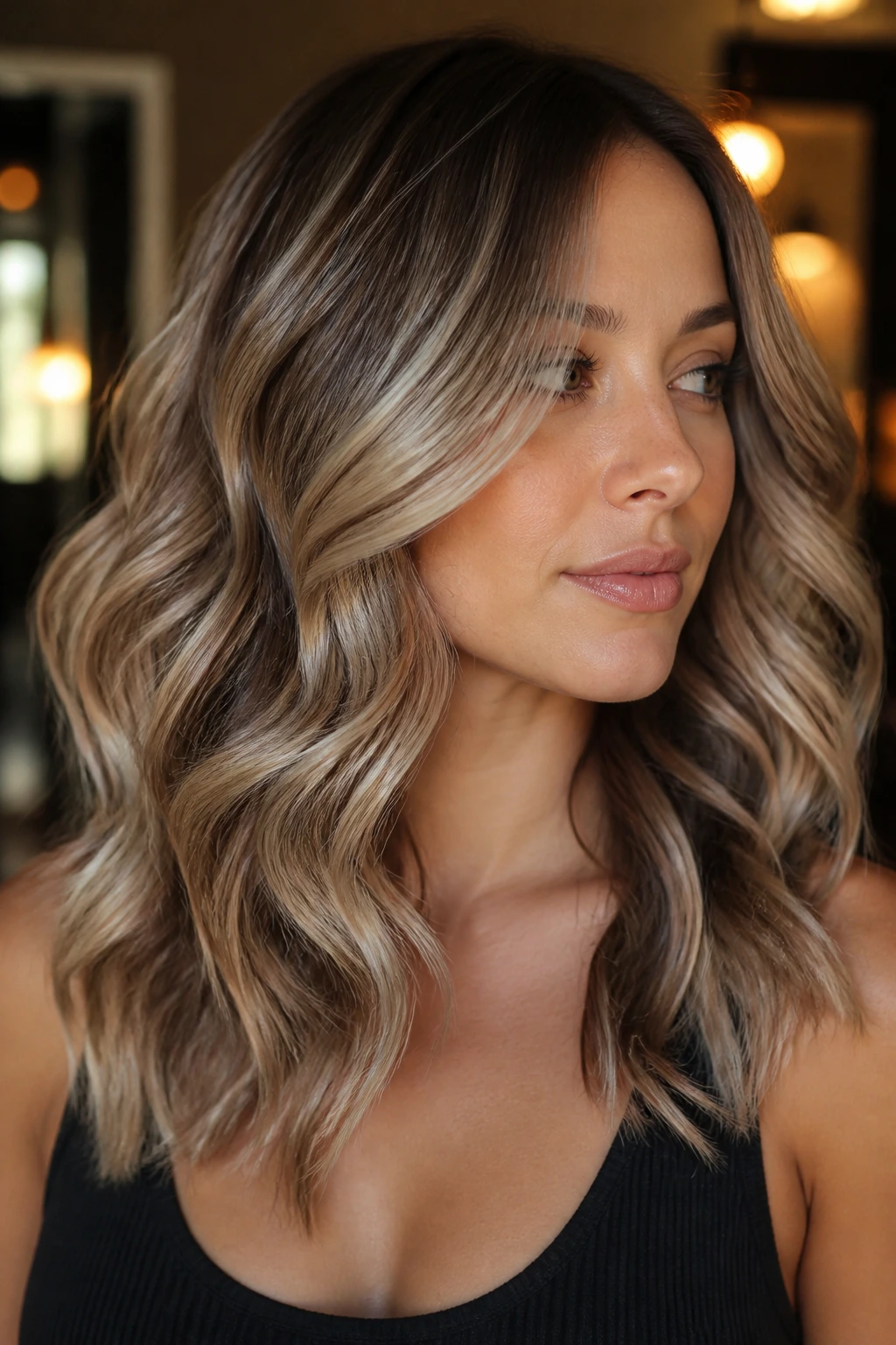 Close-up portrait of brunette hair with metallic champagne gloss.