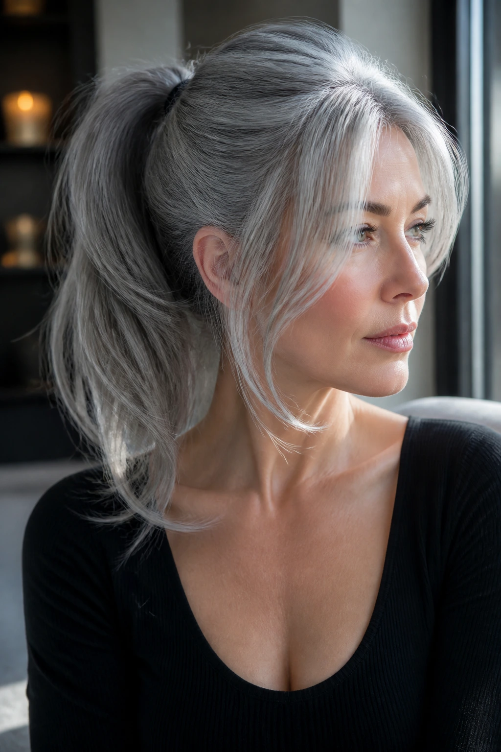 Real woman with metallic grey ponytail and face framing pieces