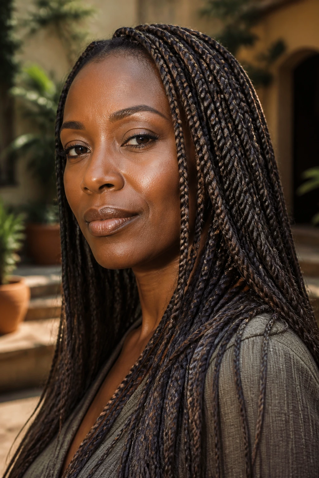 Real person with metallic mocha braids in warm outdoor light
