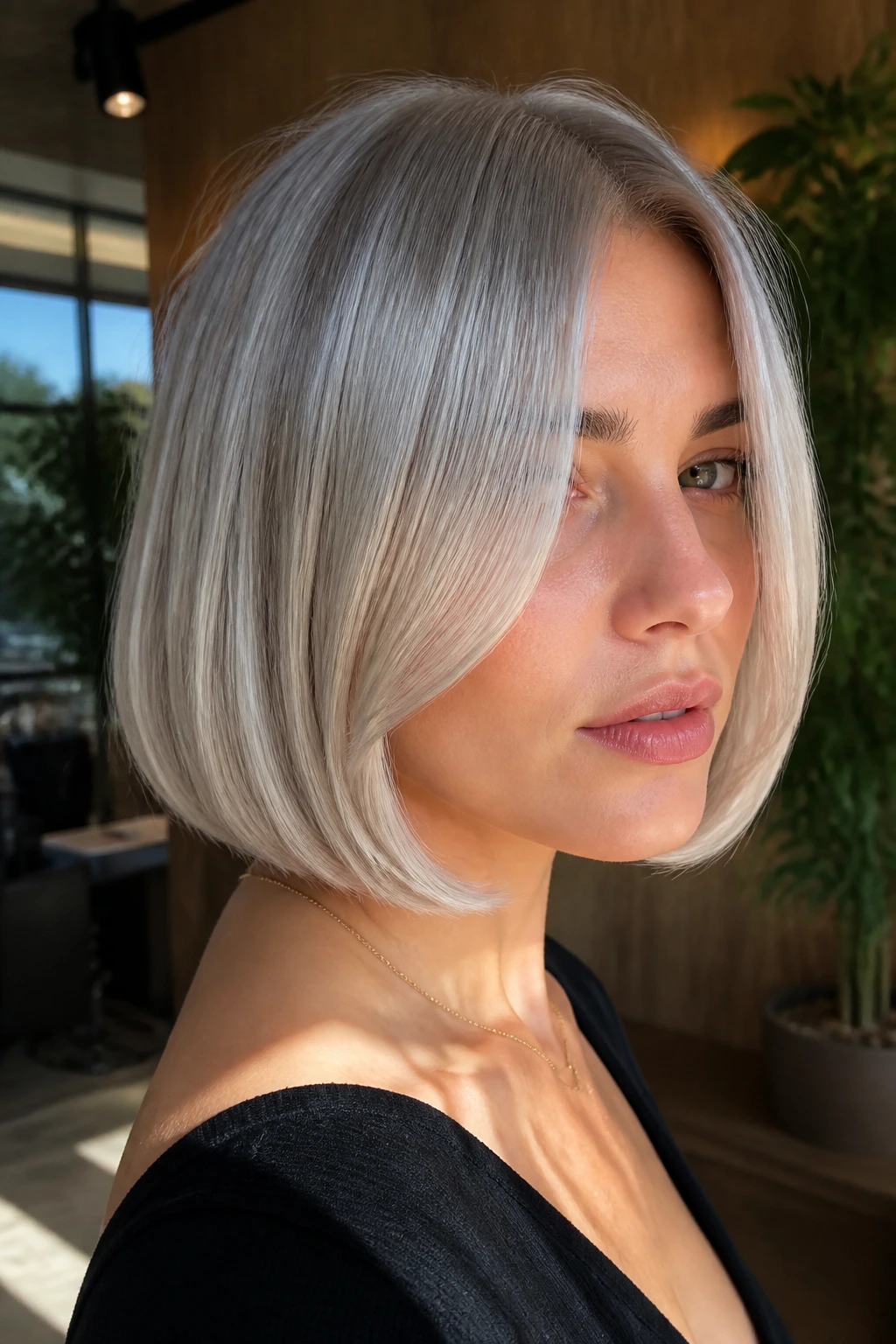 Close-up of a real woman with metallic pearl bob in sunlit salon