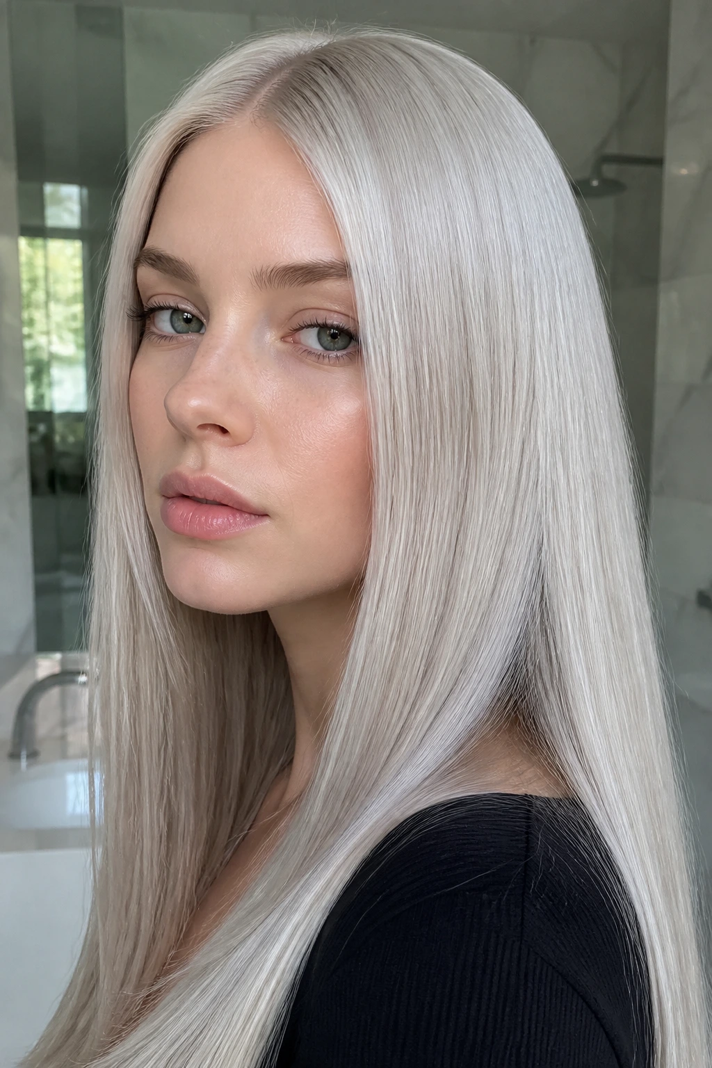 Portrait of a woman with metallic platinum hair and silver glaze, sleek straight hair in a modern bathroom