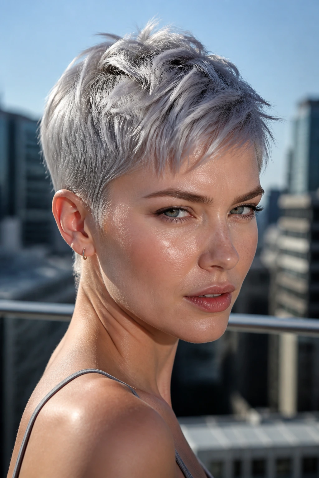 Close-up of a real person with a metallic silver crop in natural light