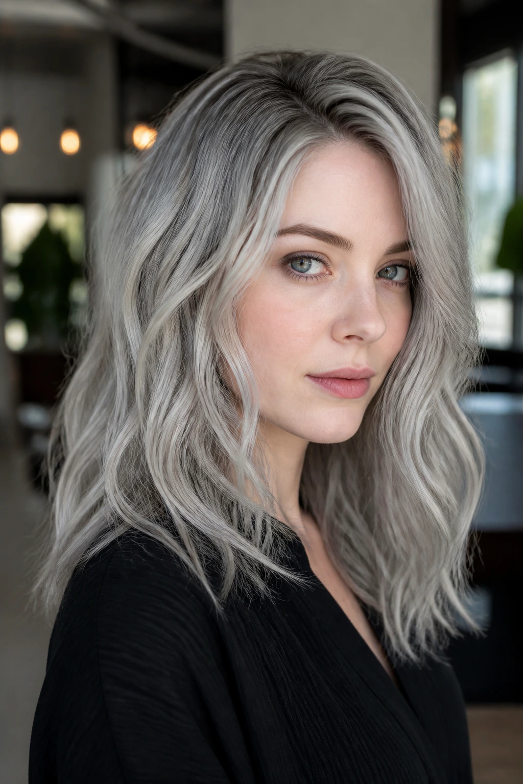 Close-up portrait of a person with metallic grey-silver hair and root shadow
