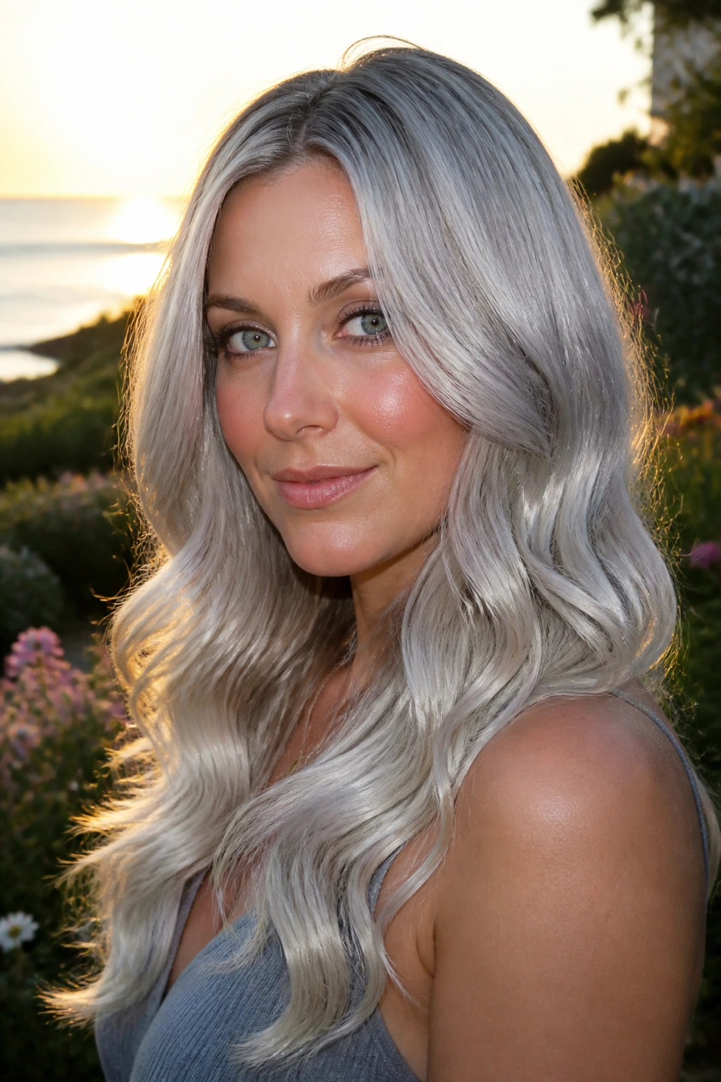Close-up of a woman with metallic silver soft waves