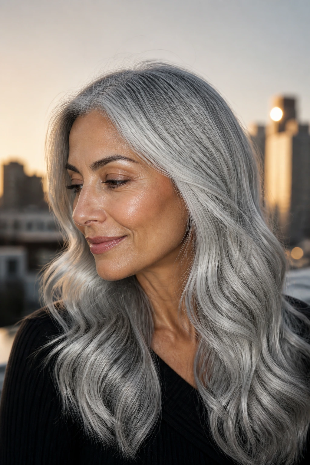 Close-up portrait of a real person with metallic silver waves in golden-hour light