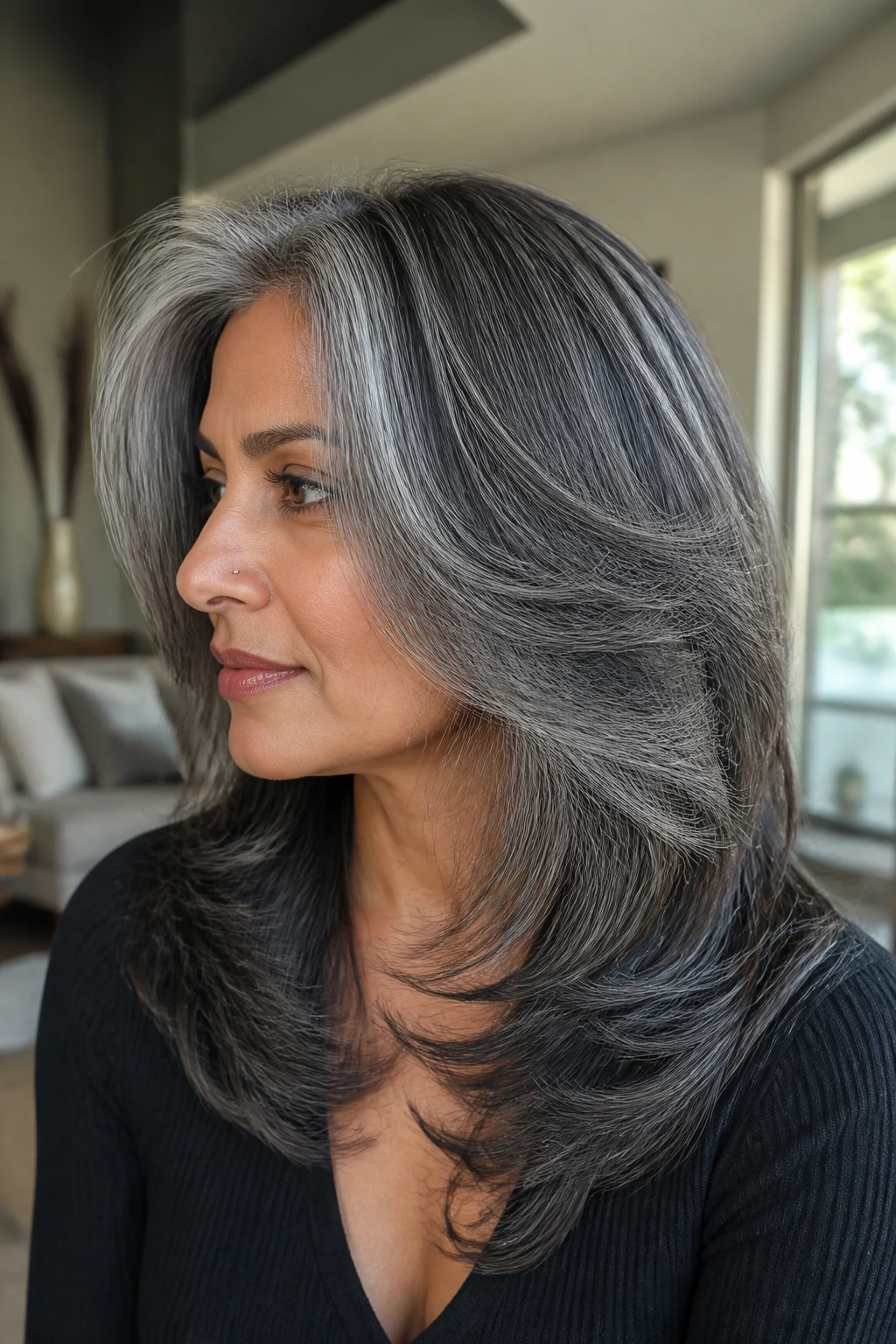Close-up portrait of a woman with metallic smoke layered hair