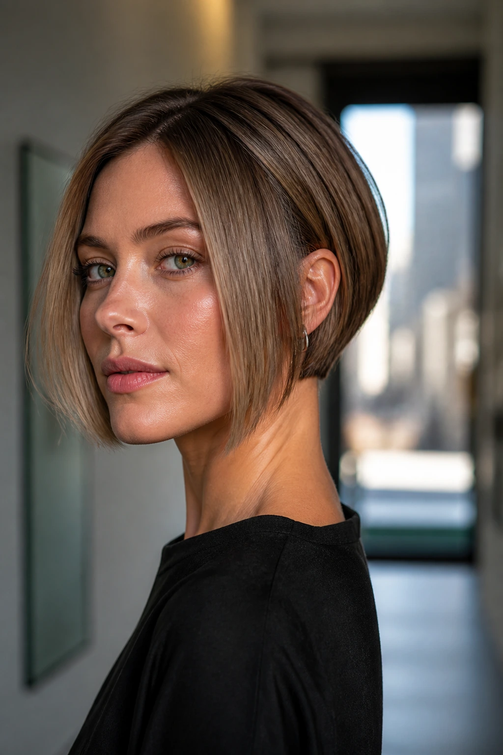 Close-up portrait of a real woman with a micro A-line bob tucking at the nape