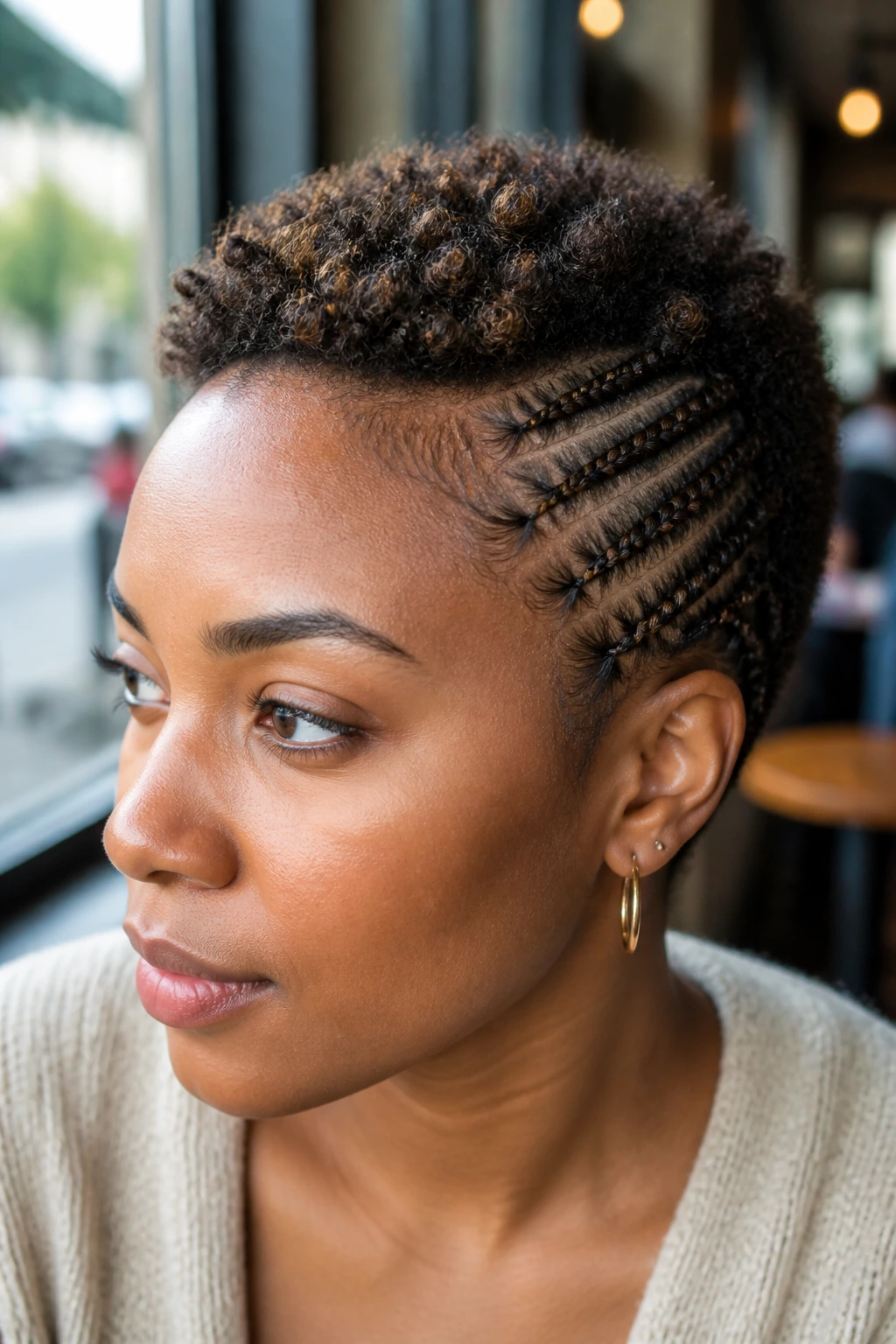 Close-up of a real woman with micro accent Dutch braids near the temple