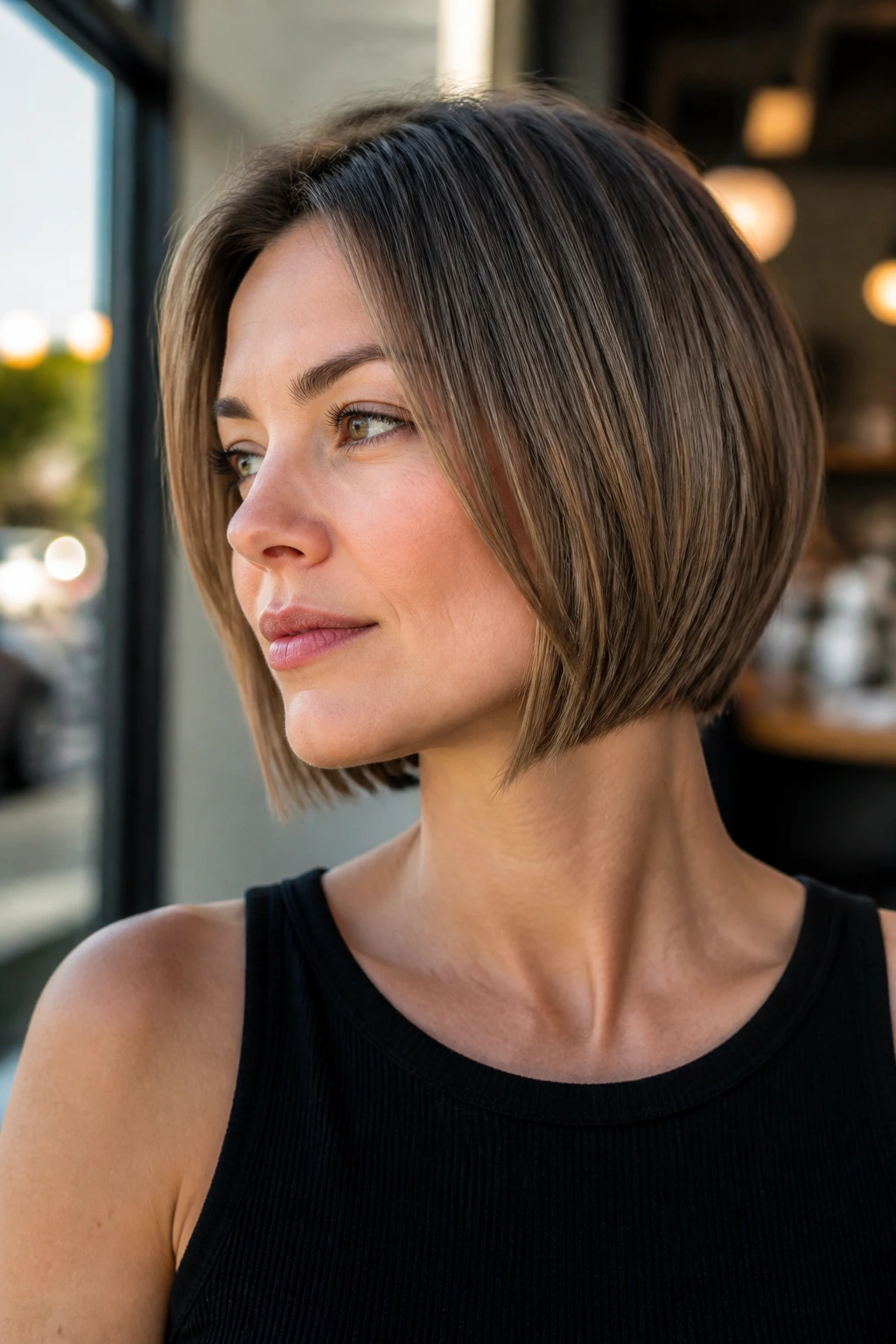 Portrait of a woman with a jaw-length micro-angled bob and a crisp diagonal silhouette