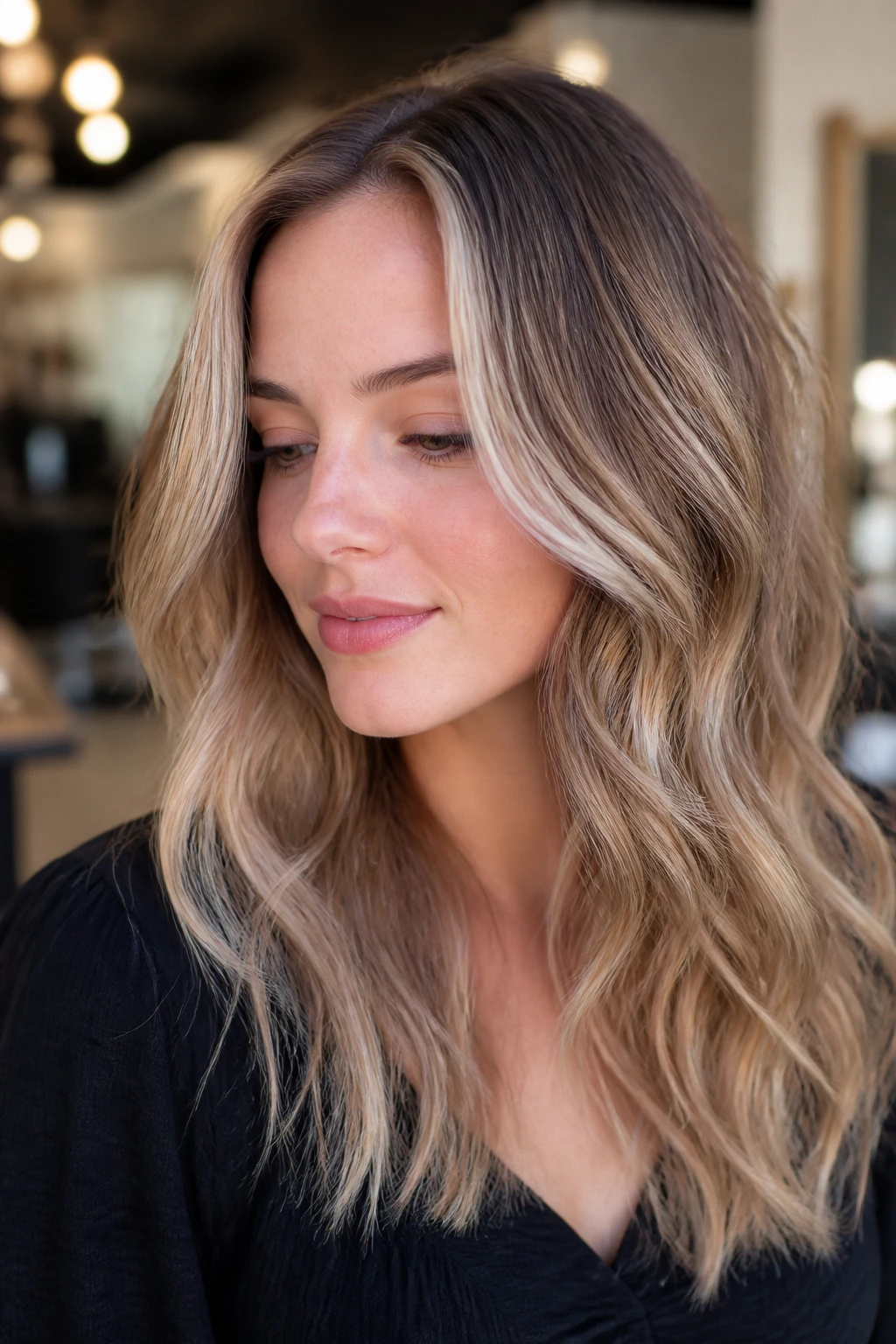 Portrait showing hair color variations with micro-babylights and beige tones