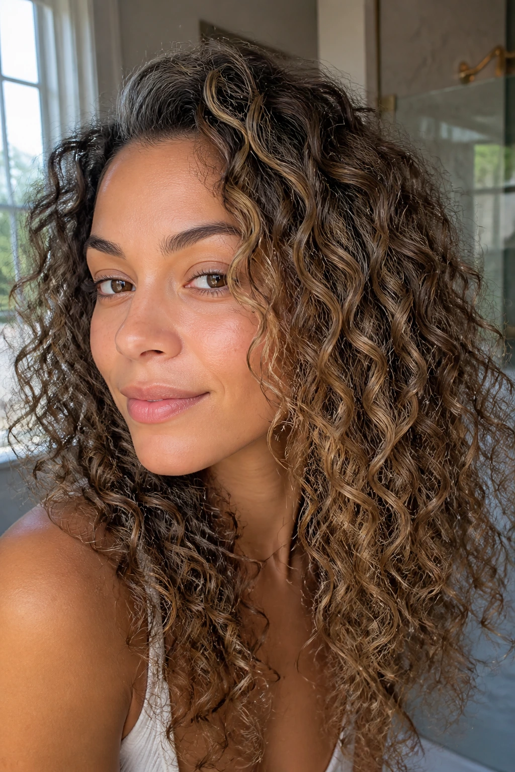 Close-up of curls with micro-babylights on tan skin