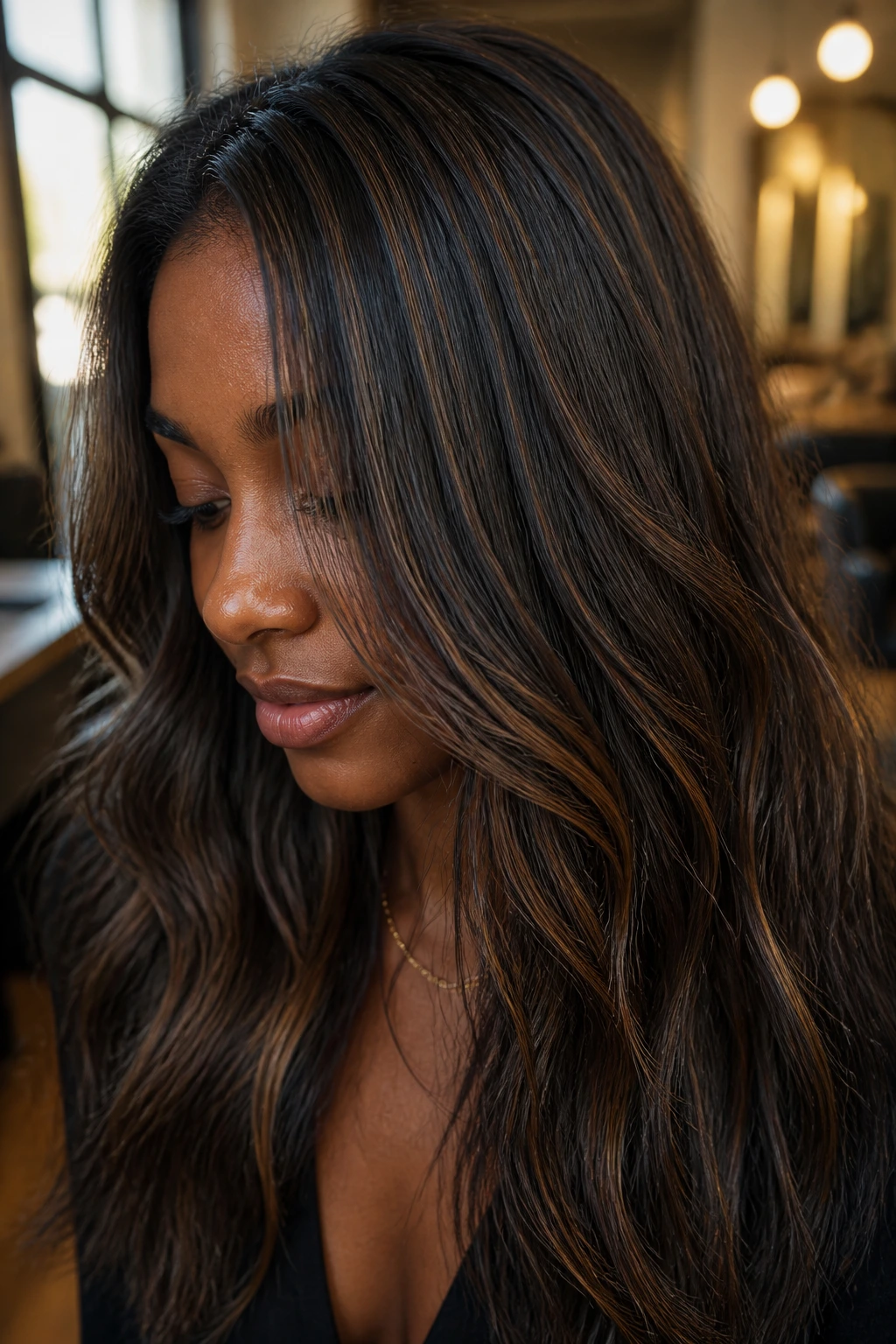 Close-up portrait of a real woman with deep brunette hair and micro-babylights in a warm salon
