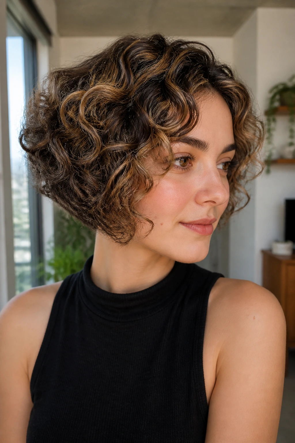 Close-up of real woman with micro-babylights halo around crown on curly inverted bob.