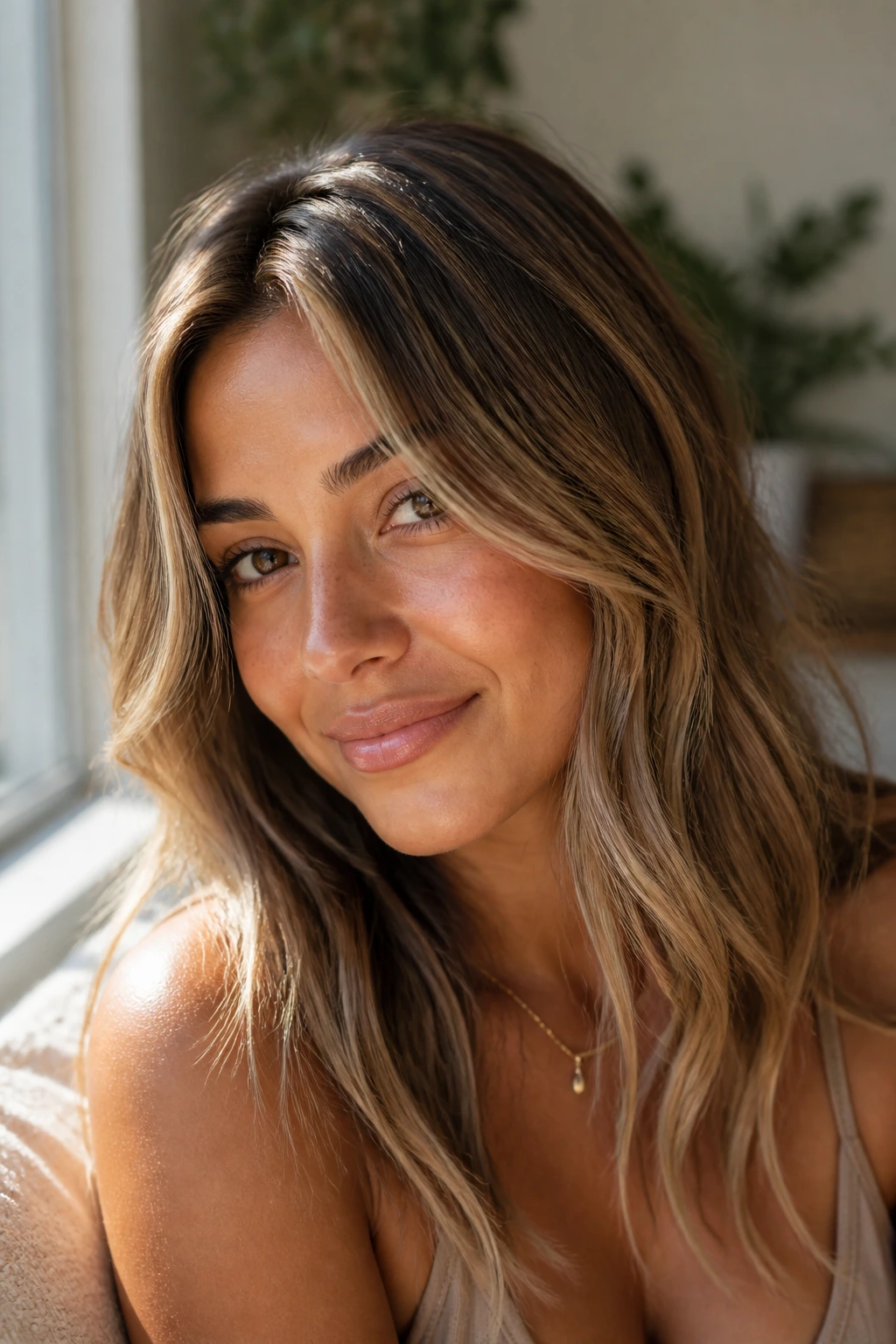 Close-up of a real woman with micro-babylights creating a soft glow on tan skin