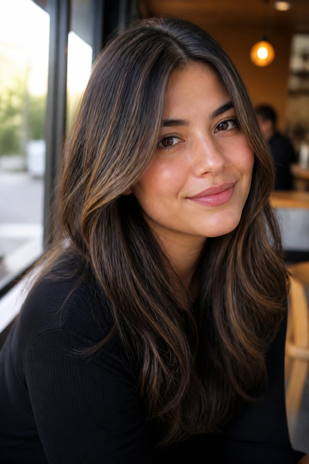 Close-up of a real woman with micro-babylights on dark hair blending into the base
