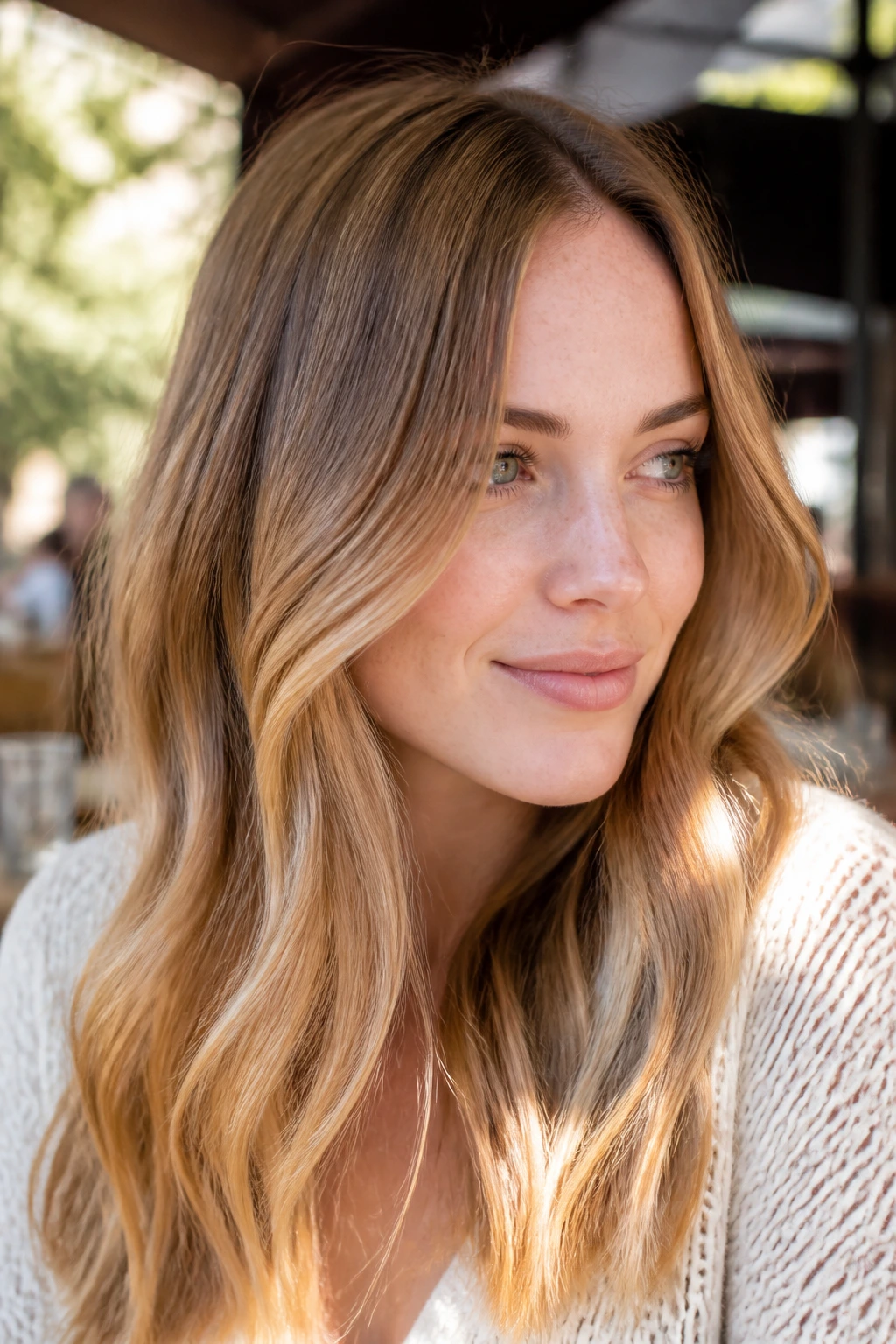 Portrait of woman with sunlit honey ombre and micro-babylights
