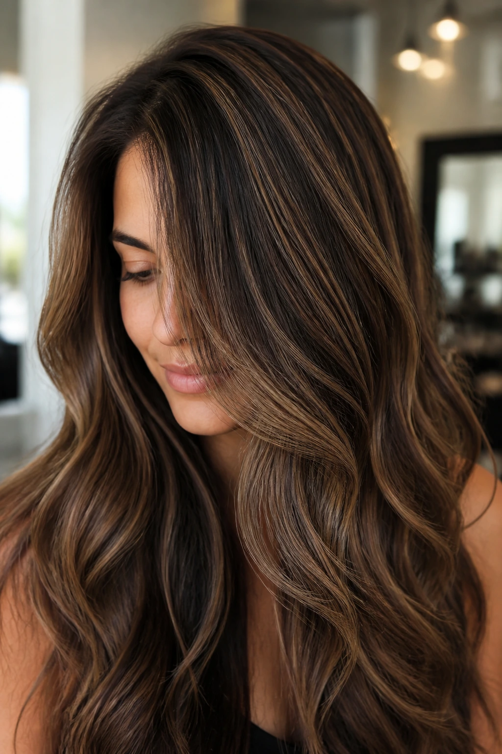 Close-up of real woman with micro-balayage highlights on dense hair