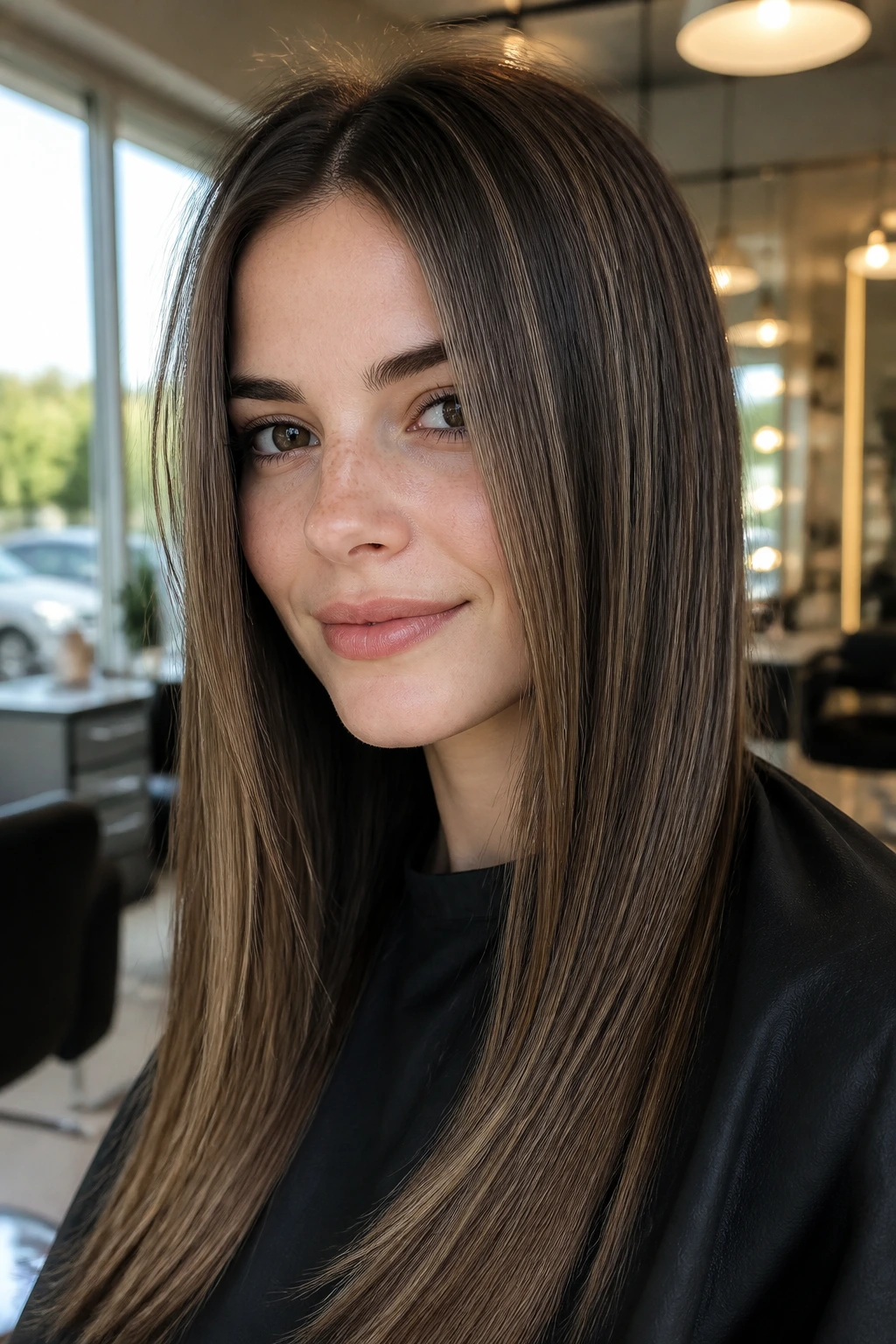 Portrait of a real woman with straight hair showing sleek micro-balayage ribbons
