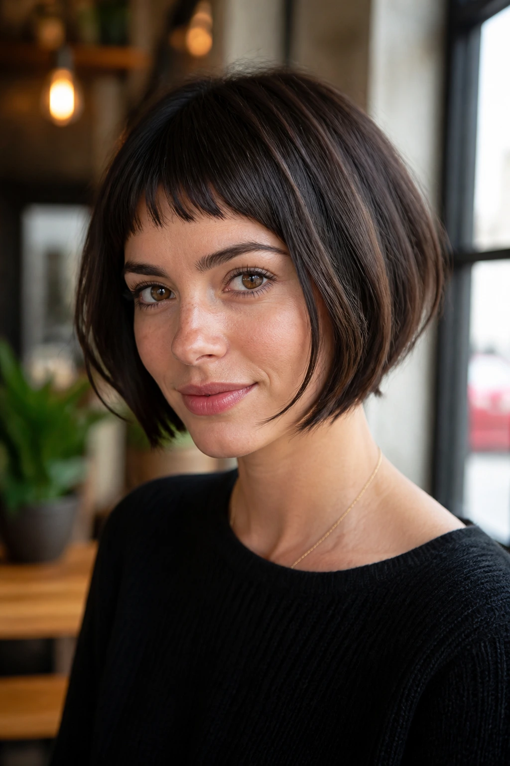 Real woman wearing micro-bang bob with soft sides in natural light