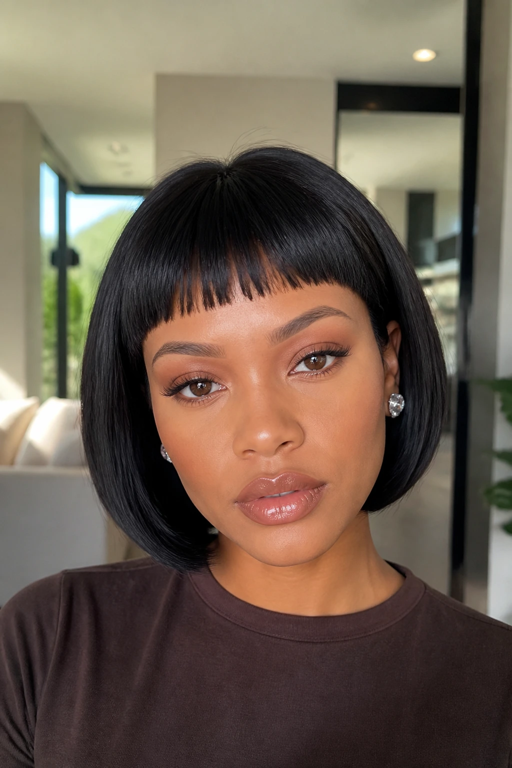 Close-up of real woman with micro-bang bob and tucked ends in bright interior