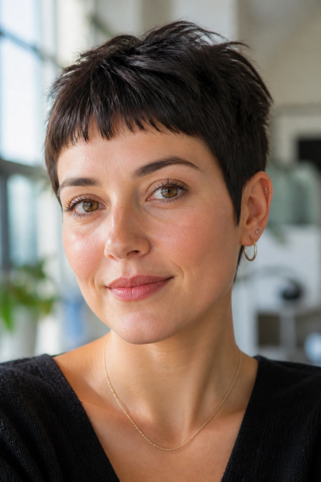Close-up portrait of a real woman with micro-bang pixie hairstyle in a bright loft.