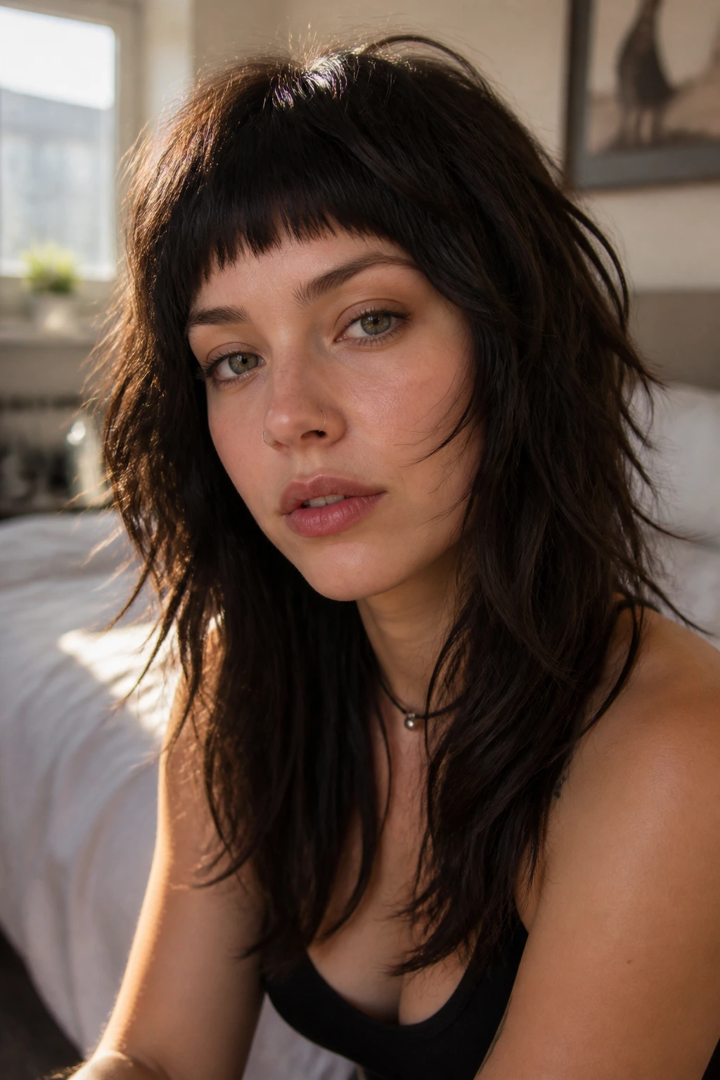 Close-up of a real woman with micro bangs and layered shag on thick hair