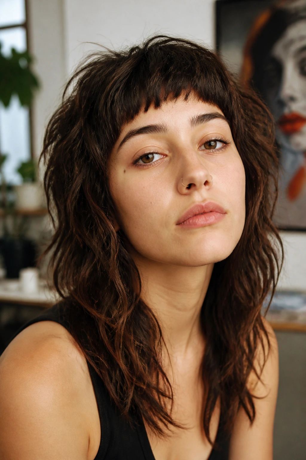 Close-up of a real person with Micro-Bang Wavy Shag showing micro bangs and wavy layers.