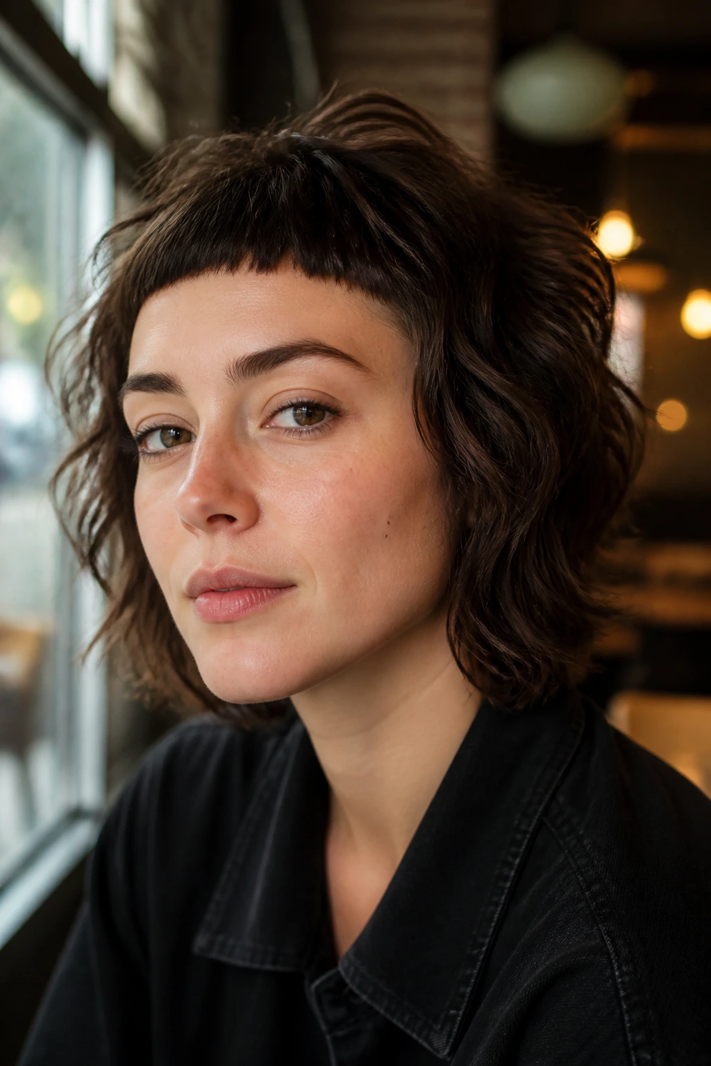 Real woman with micro bang wolfcut at a cafe window
