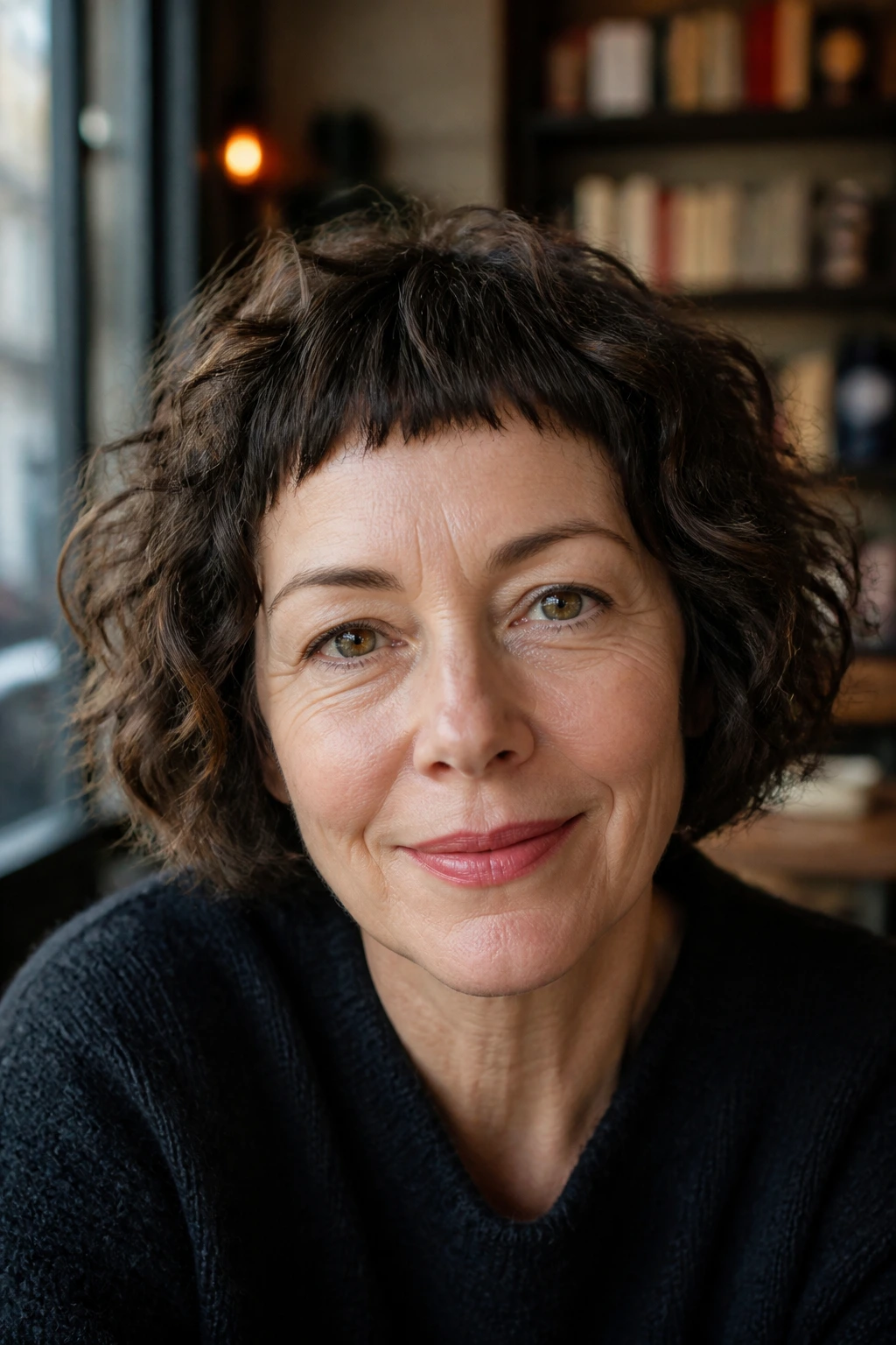Close-up of a real woman with micro-bang tousled bob in a cozy cafe setting