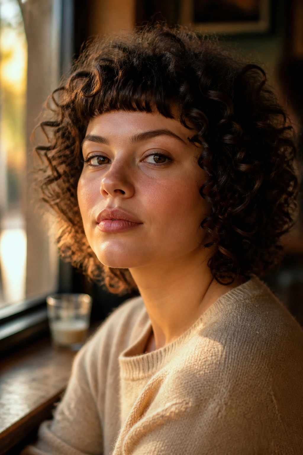 Close-up of a real woman with micro bangs on dense curly hair