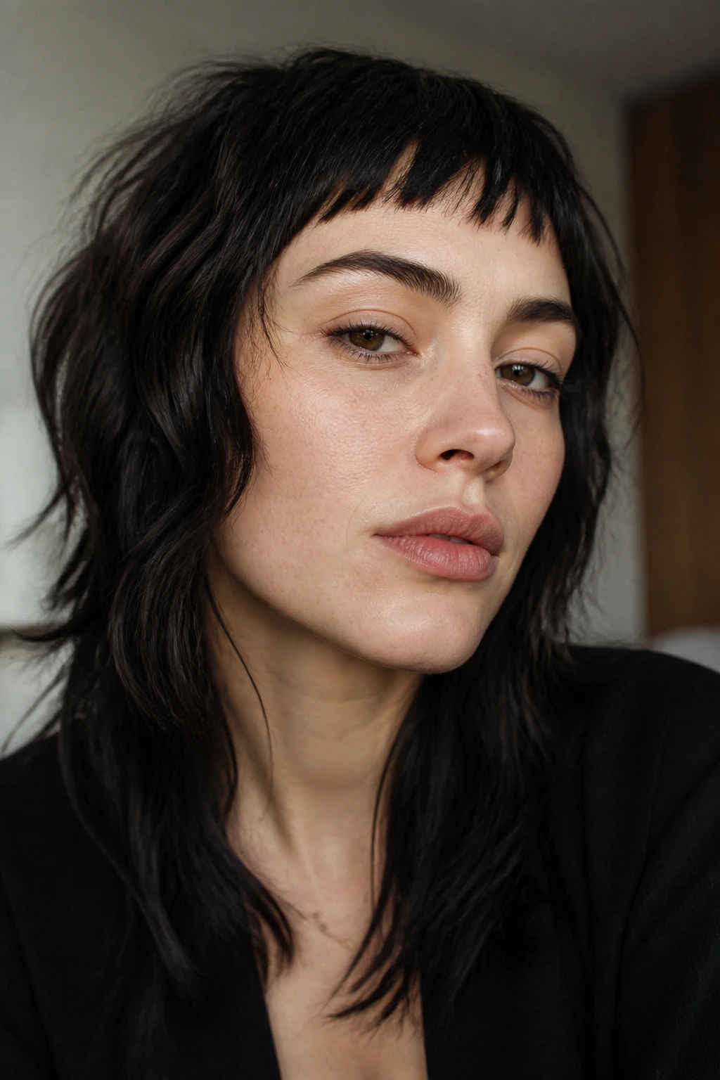 Portrait of a woman with piecey micro bangs on thick hair