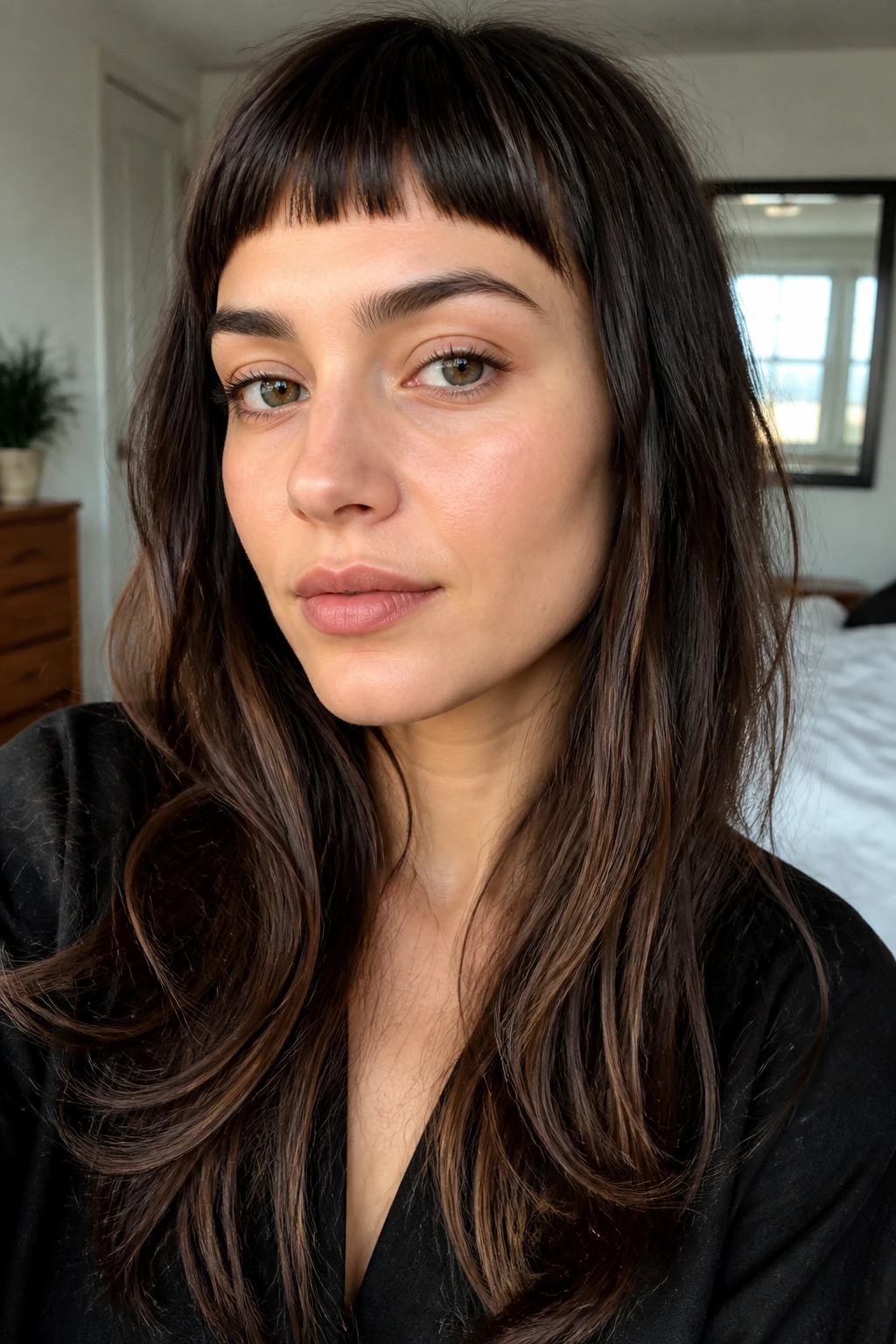 Portrait of person with micro bangs and long soft layers in bright window light