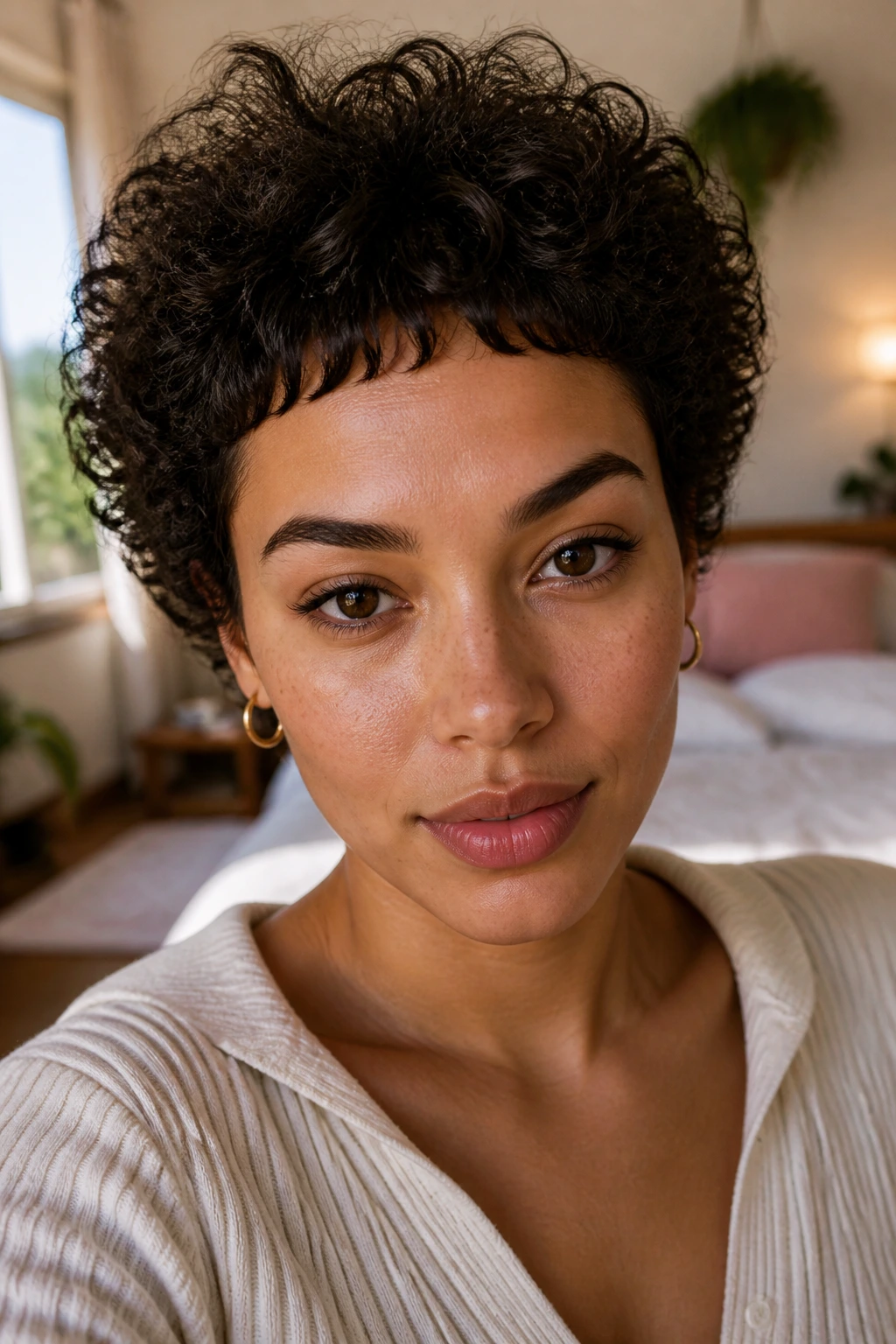 Close-up of a real person with micro bangs on an oval-face frame.
