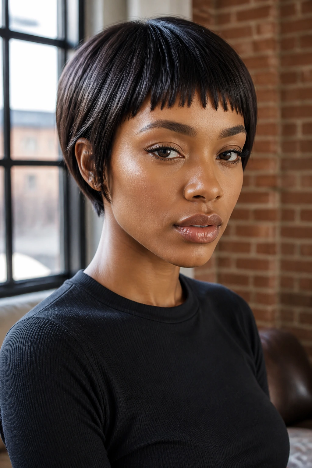 Real woman with micro bangs and pixie-bob in an urban loft setting