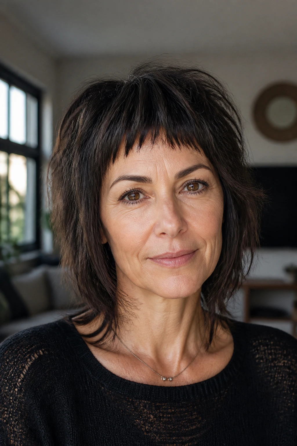 Close-up of a real woman with micro bangs and choppy shag layers