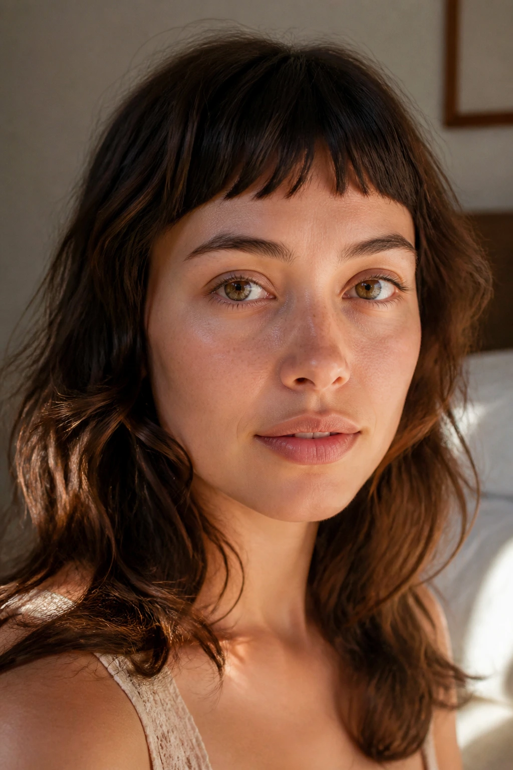 Close-up of a real woman with soft micro bangs and wavy hair in natural light