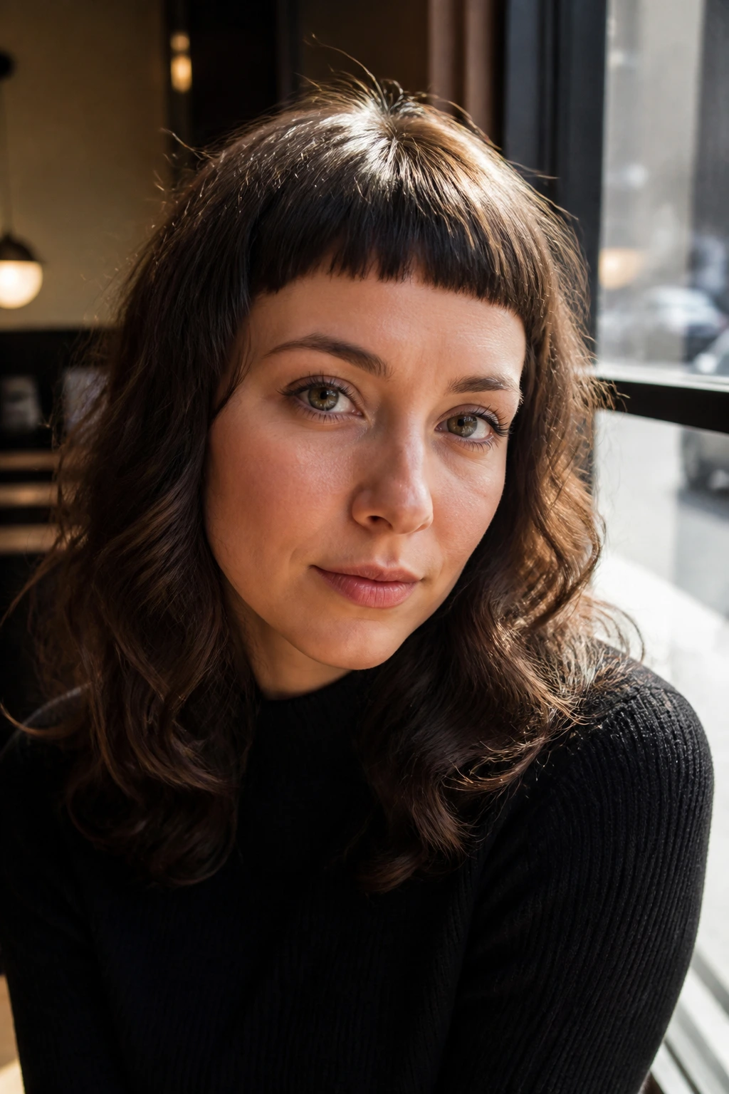 Real woman with micro blunt fringe and longer curls, cafe window light
