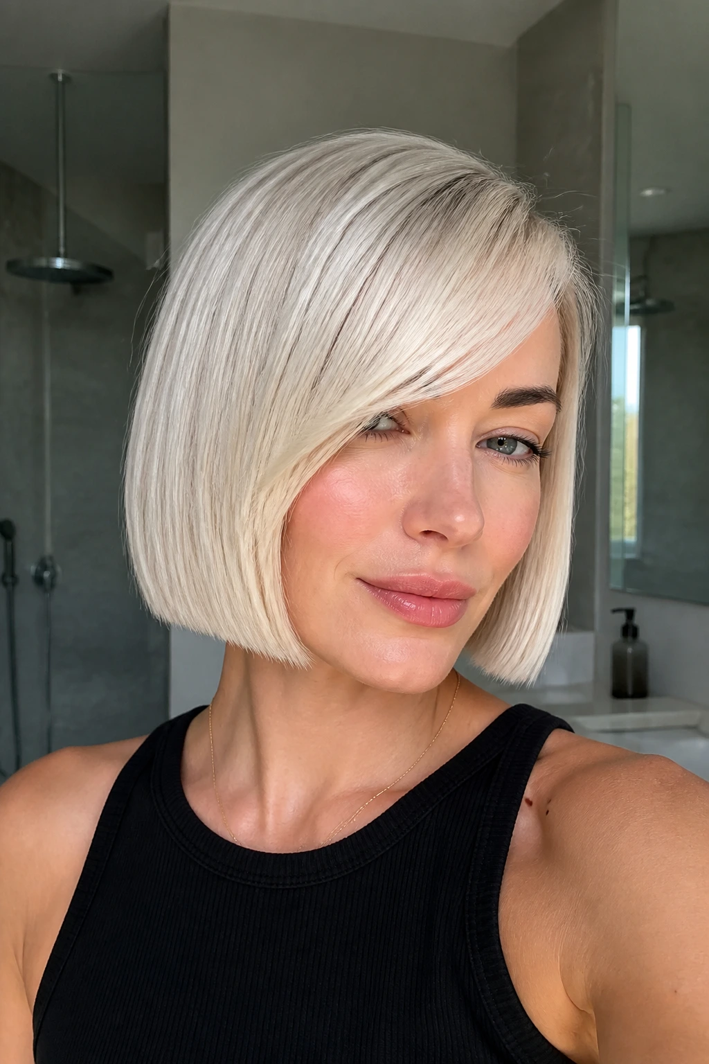 Close-up of a real woman with a micro-blunt platinum bob and soft side-swept bangs