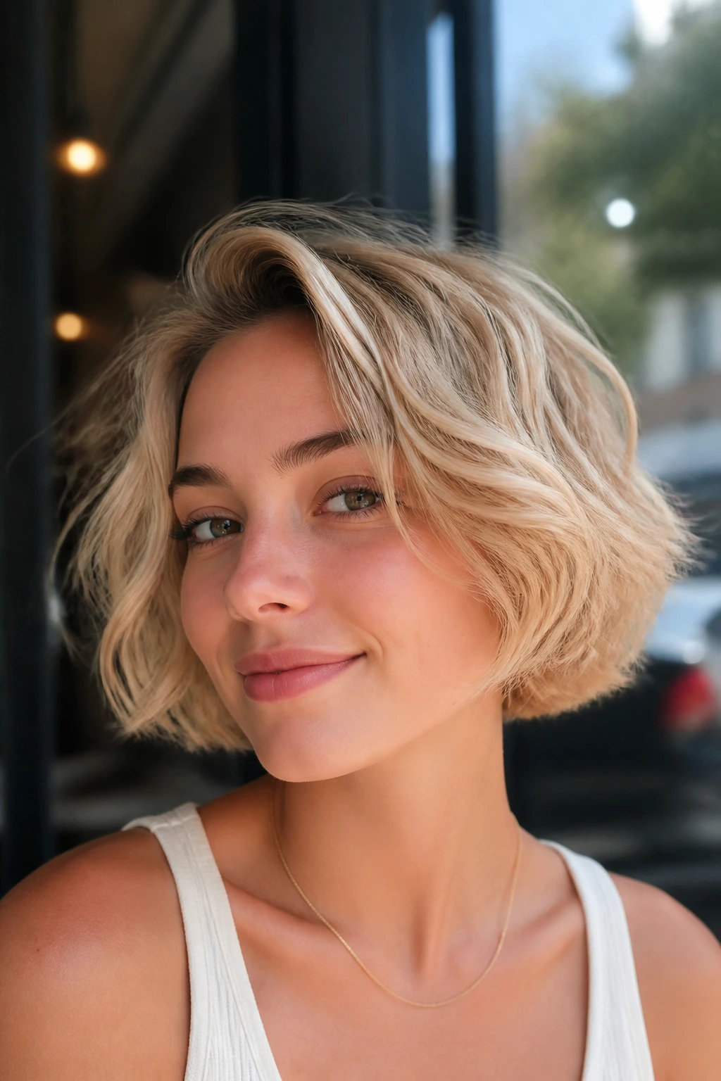 Close-up real woman with Micro Bob and airy bends near temples