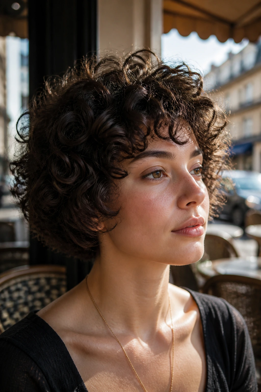 Real person with micro-bob and airy crown in sunlit outdoor cafe