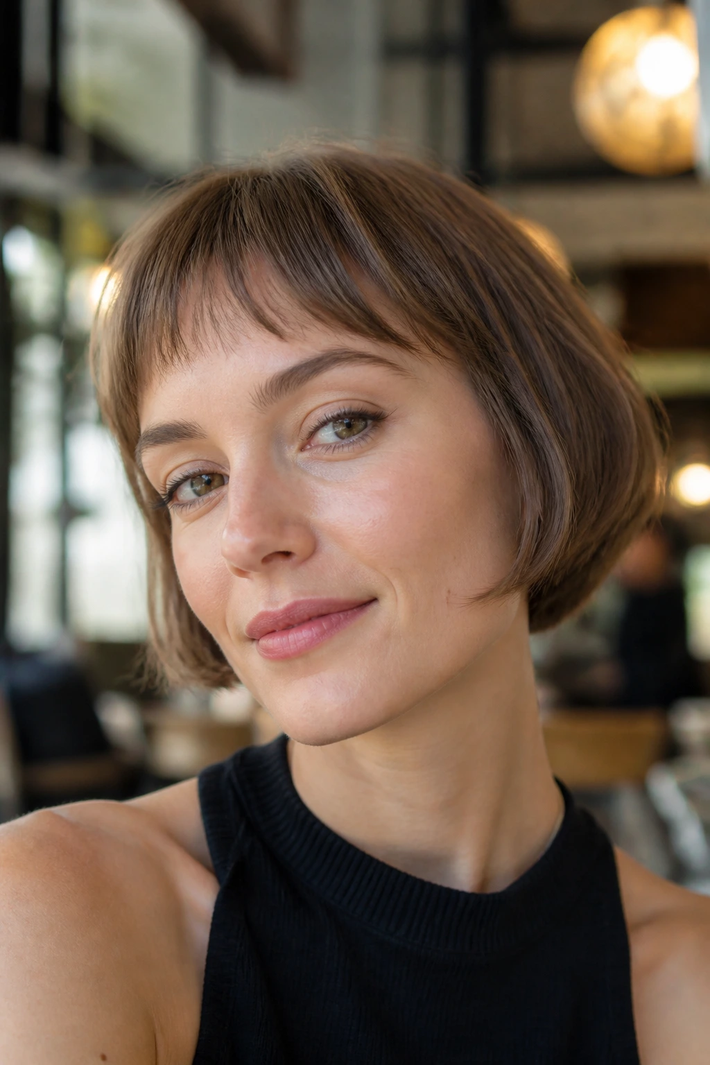 Close-up of woman with micro bob and airy fringe in a cafe setting