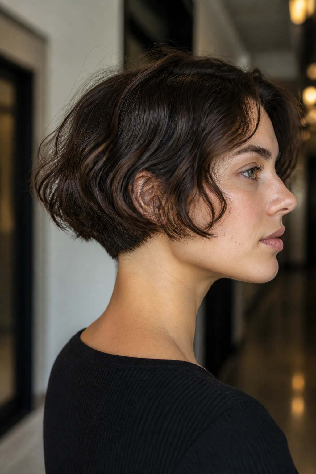 Close-up of a real woman with micro bob and a crisp clean nape
