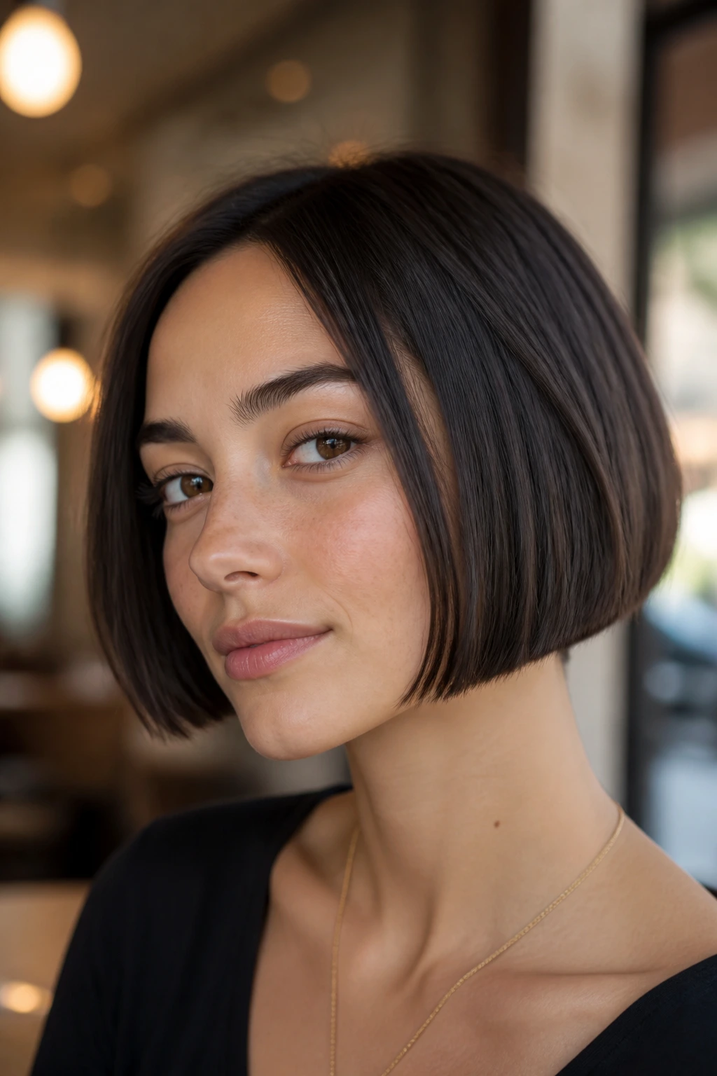 Close-up portrait of a real woman with a crisp micro bob around the cheekbone.